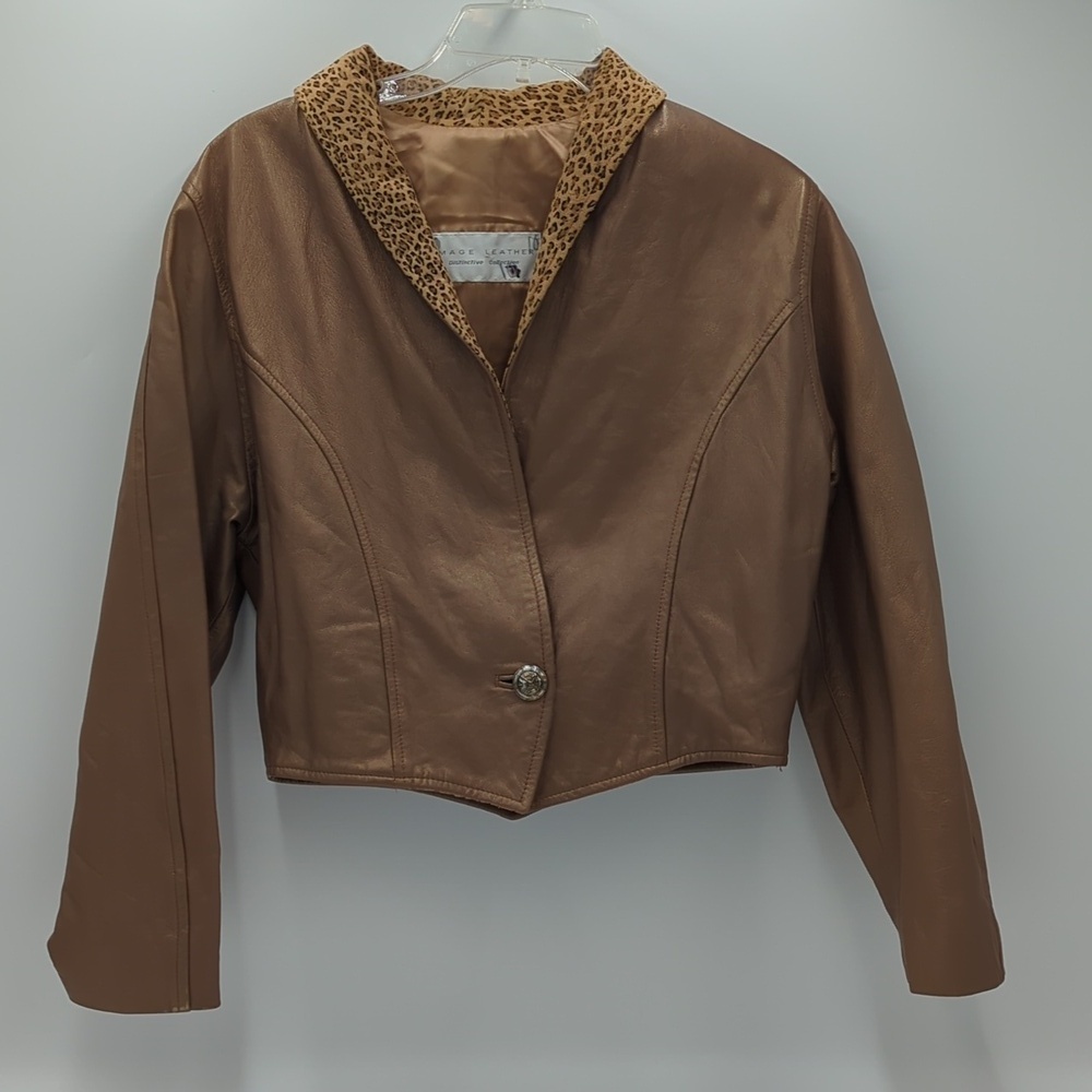Image Leather Vintage 90s Cropped Jacket Brown Leopard Print Moto Biker Medium